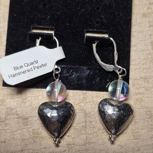 Vintage Sterling Silver, Blue Quartz And Hammered Pewter Earrings